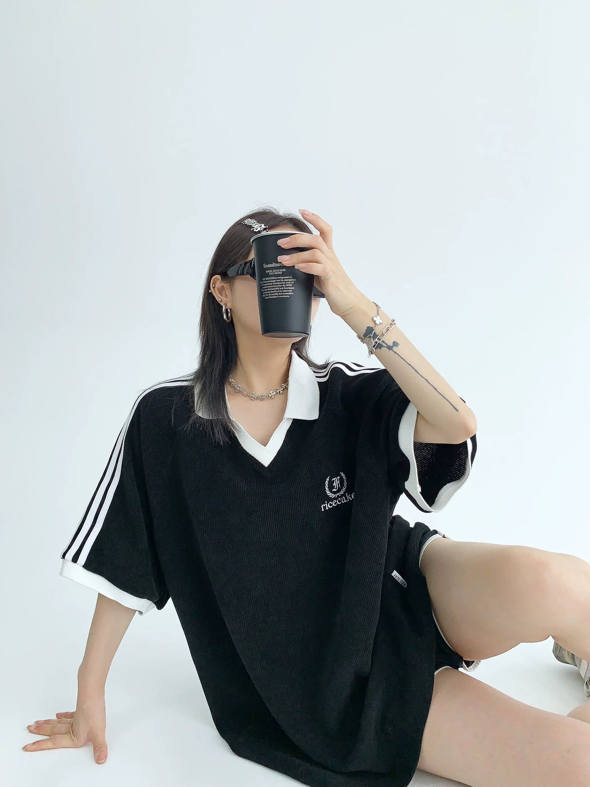 Oversize V-Neck Short Sleeve Polo Shirt