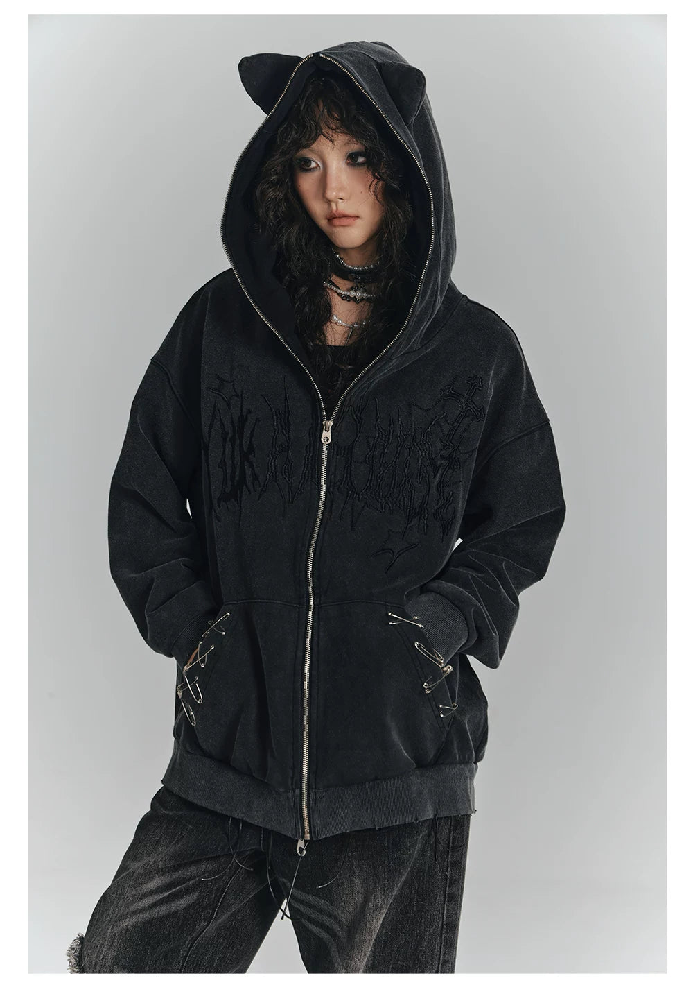 Cat Ear Safety Pin Oversize Zipper Hoodie