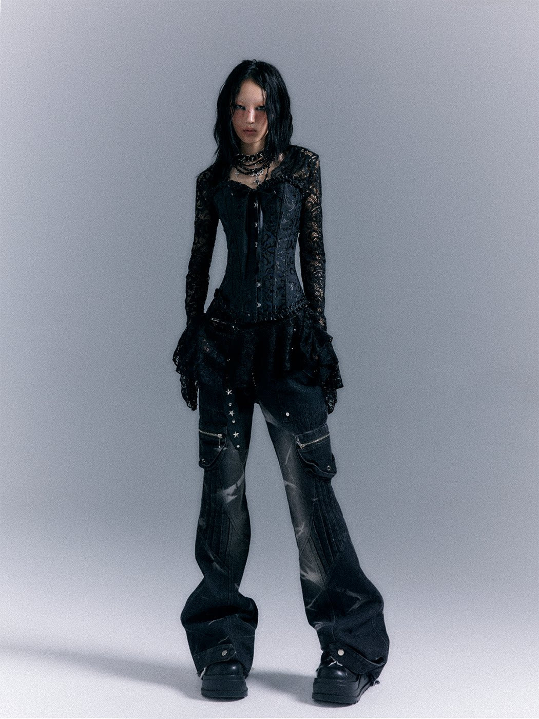 Lace-Up Corset Top & Lace Long Sleeve Dress Setup