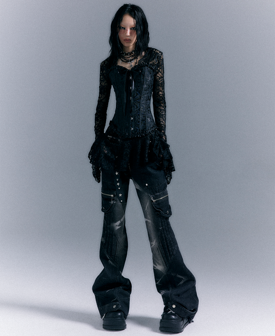 Lace-Up Corset Top & Lace Long Sleeve Dress Setup