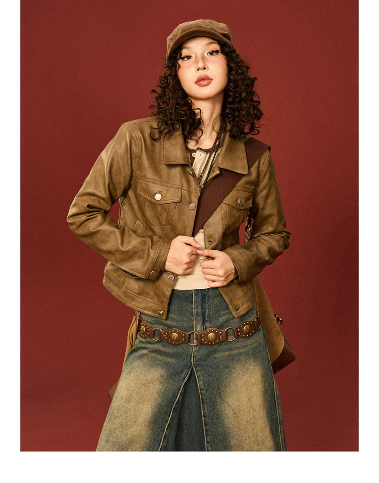 PU Leather Standing-Collar Short Jacket