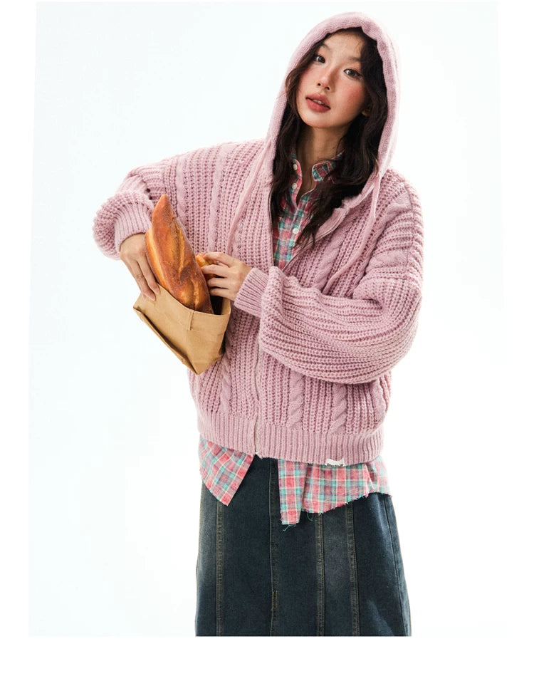 Chunky Knit Zipper Hooded Oversize Cardigan