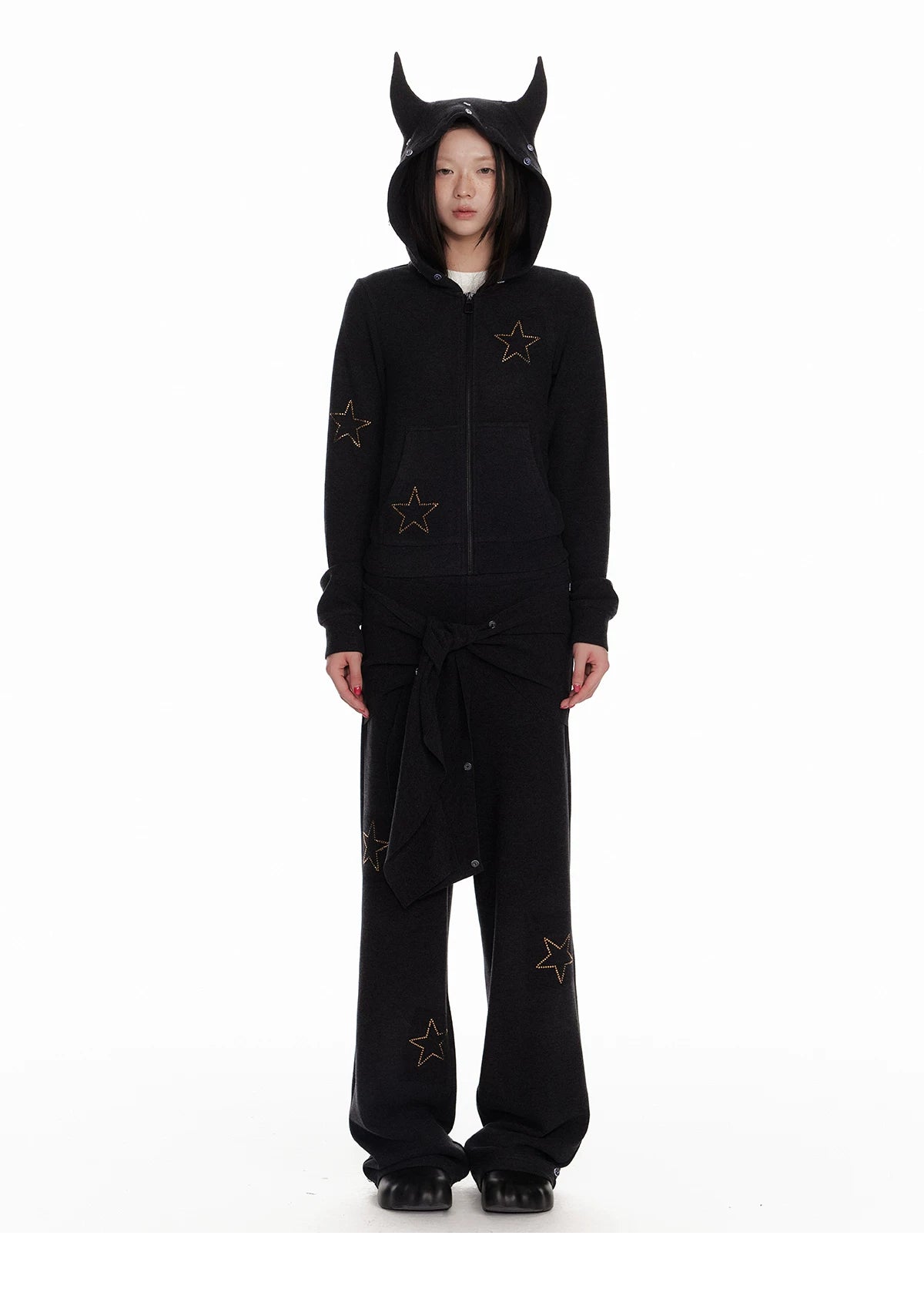 Horn Fur Collar Fuzzy Zipper Hoodie & Wide-Leg Pants Setup