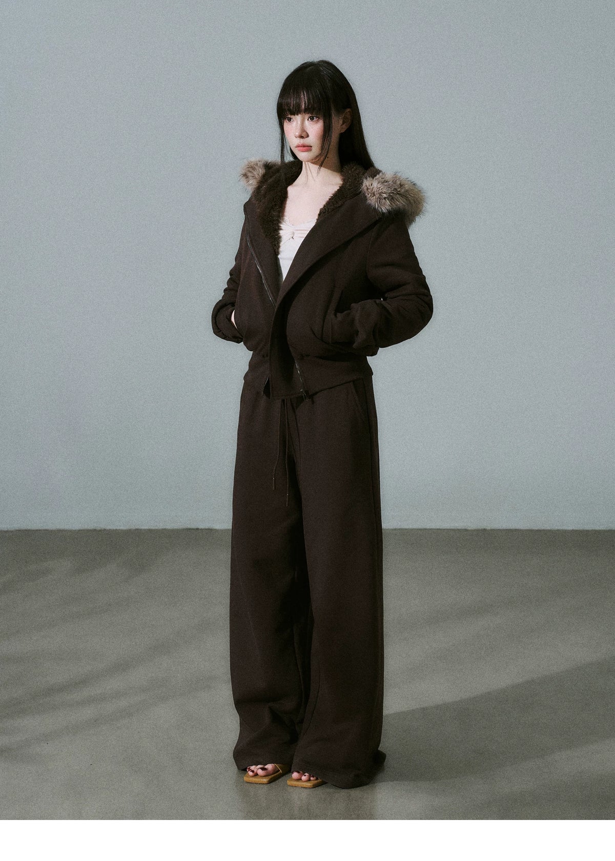 Fake Fur Hooded Zip-Up Jacket & Seatpants Setup
