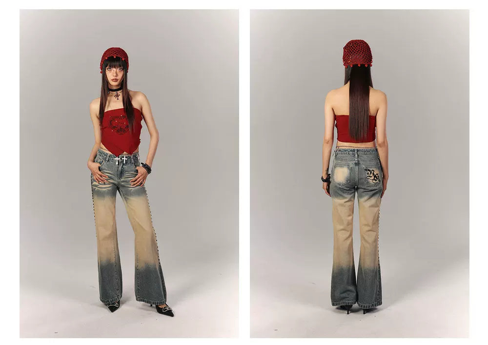 Washed Gradient Studs Detail Flare Denim Jeans