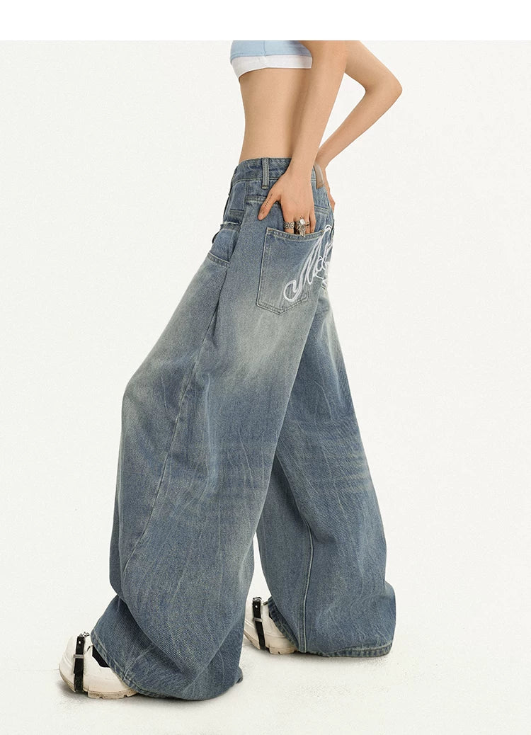 Damage Embroidery Wash Wide Leg Denim Jeans