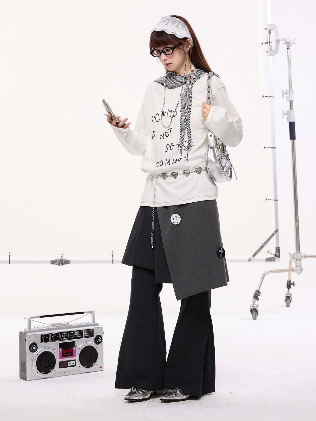 Beaded Letter Embroidery Plaid Hooded Oversize Long Sleeve T-Shirt