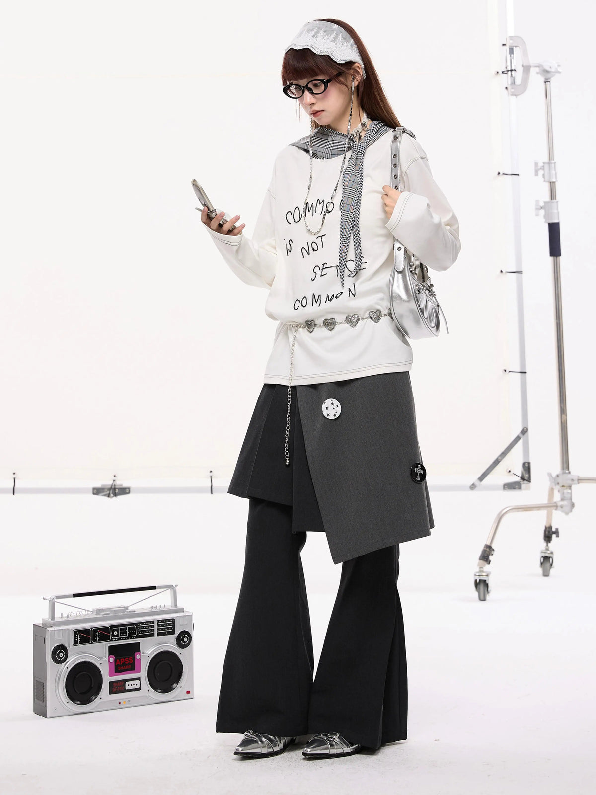 Beaded Letter Embroidery Plaid Hooded Oversize Long Sleeve T-Shirt