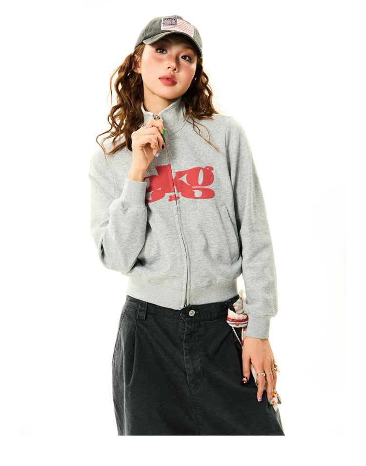 Letter Print Fitted Zipper Hoodie