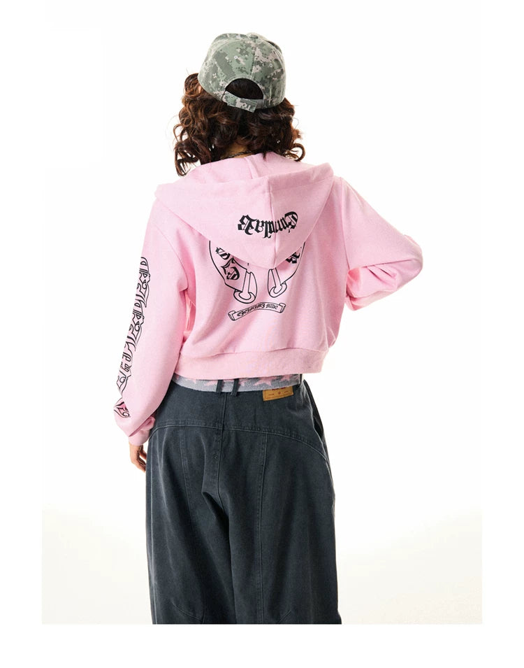 Gothic Logo Print Cropped Zipper Hoodie