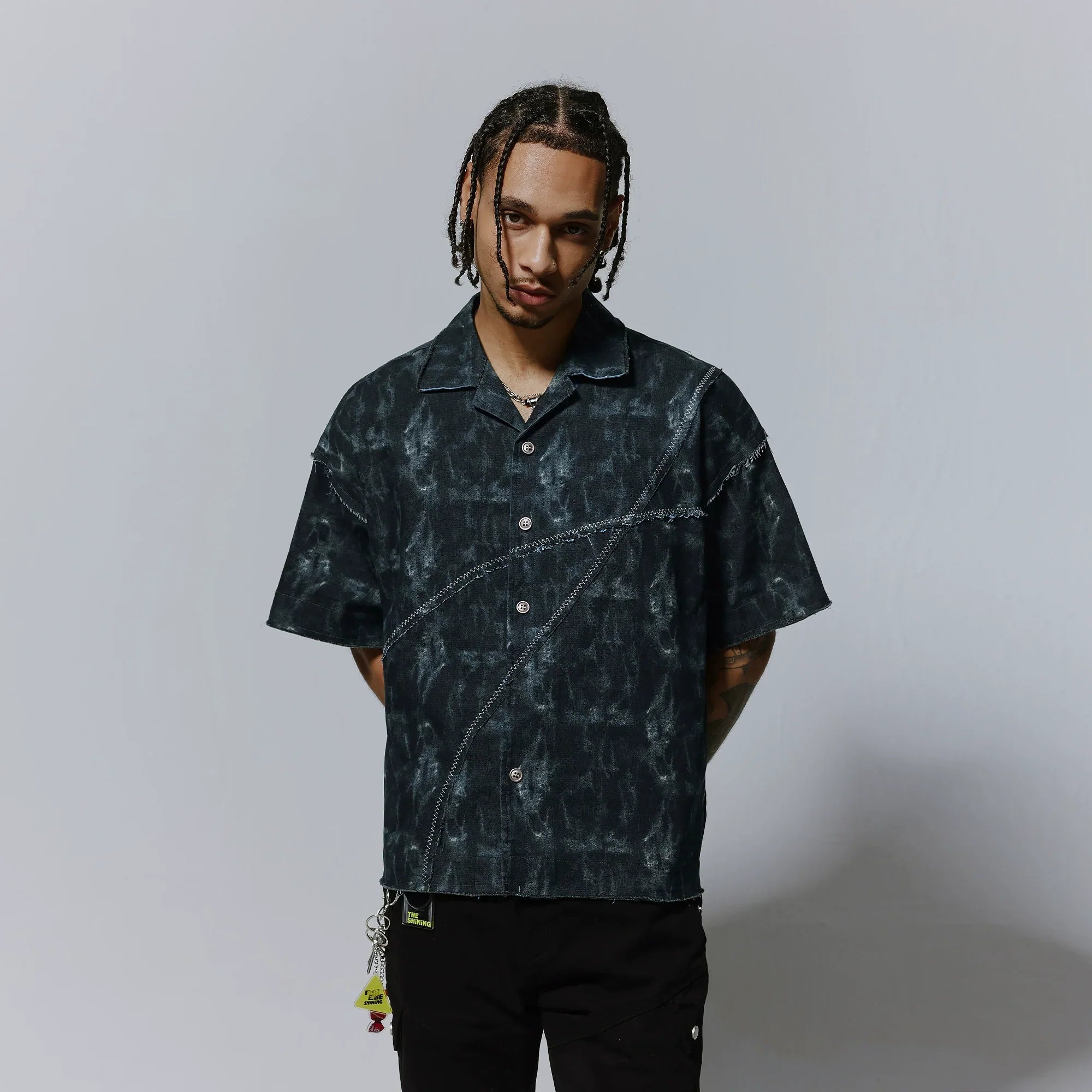 Ink Print Patchwork Spread-Collar Short Sleeve Shirt