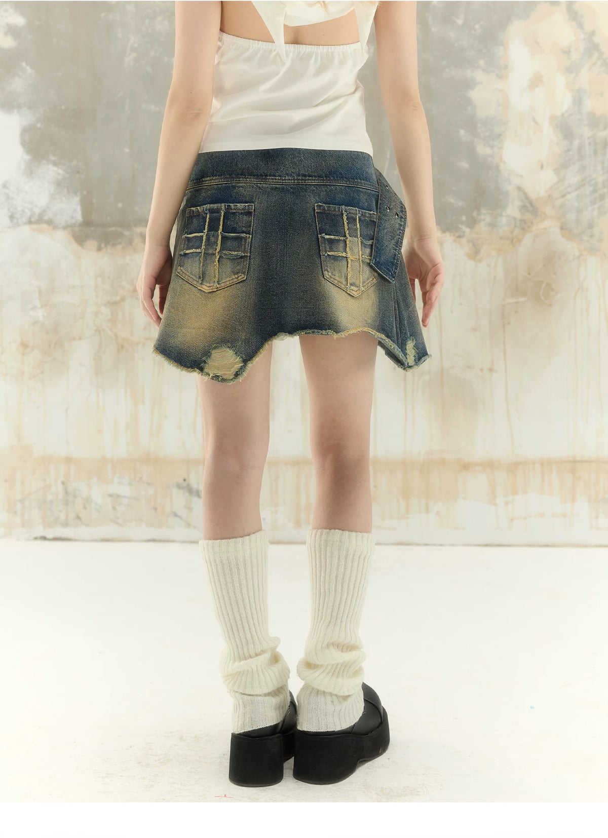 Washed Asymmetrical Adjustable Denim Short Skirt