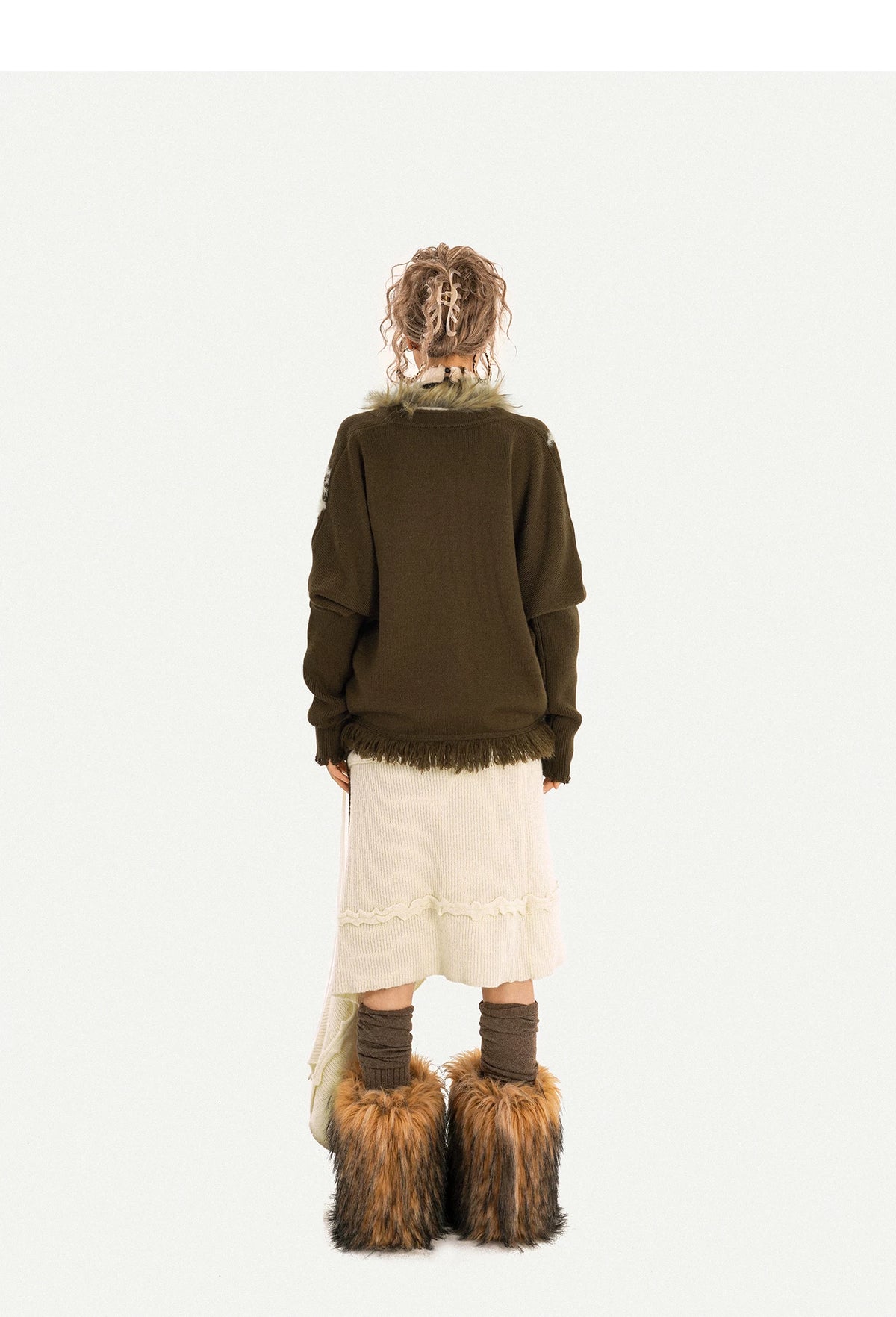 Original Design Batwing Sleeve Fake Fur Collar Knit Cardigan