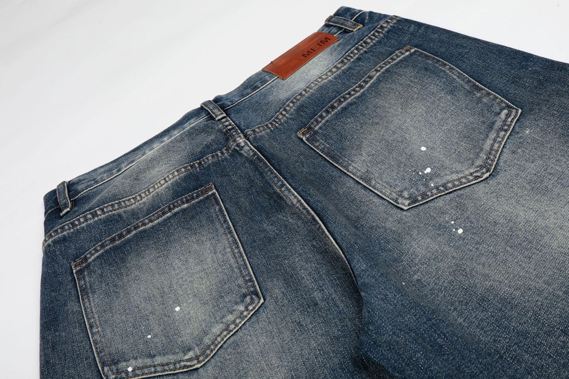 Washed Paint Rhinestone Wide Leg Curved Denim Jeans