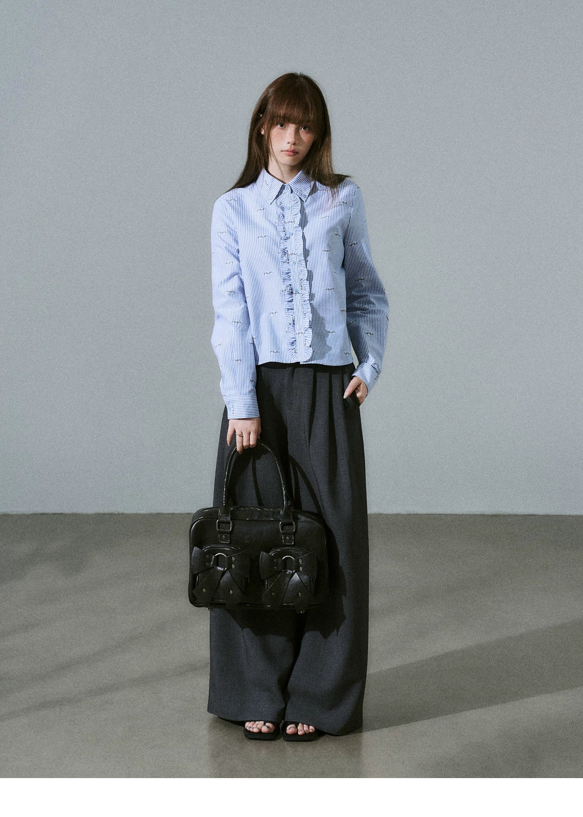 Ruffle Placket Striped Button-Up Long Sleeve Shirt