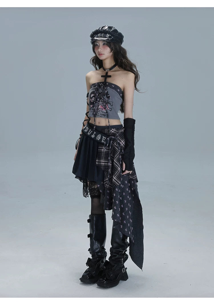 Plaid Patchwork Asymmetric Embroidery Skirt