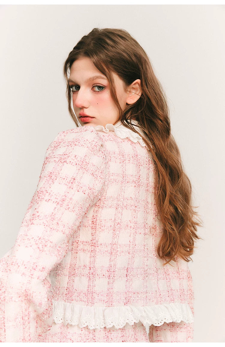 Lace Plaid Cropped Jacket & Short Lace Skirt Setup