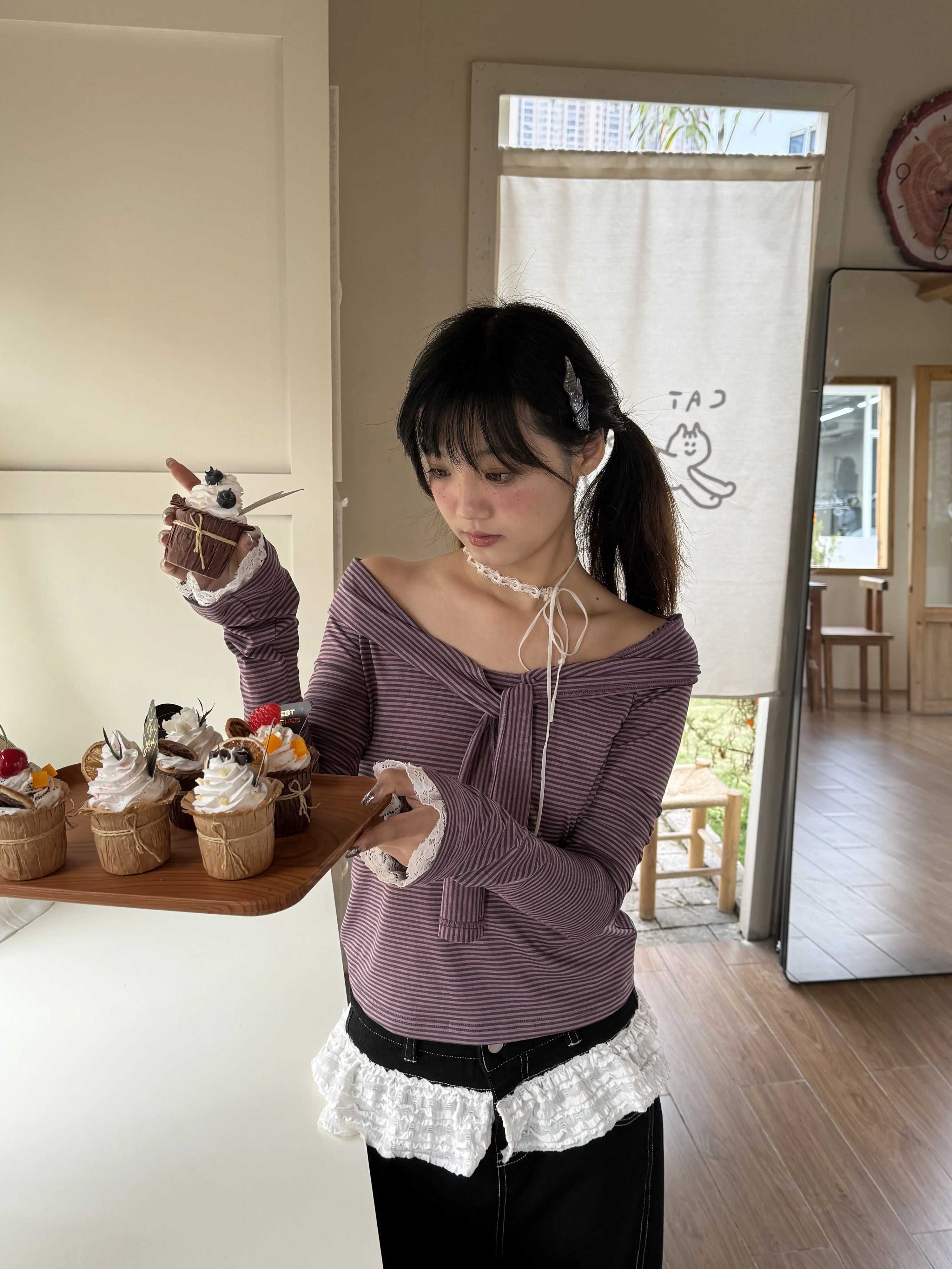 Striped Lace Trim Tie Detail Long Sleeve T-Shirt