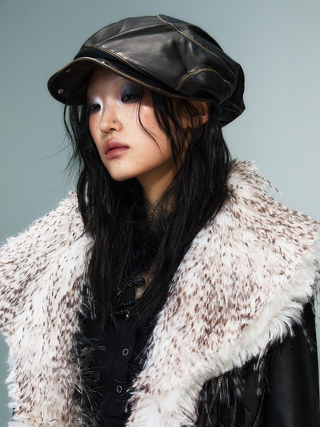 Studded Asymmetrical Washed PU Leather Beret
