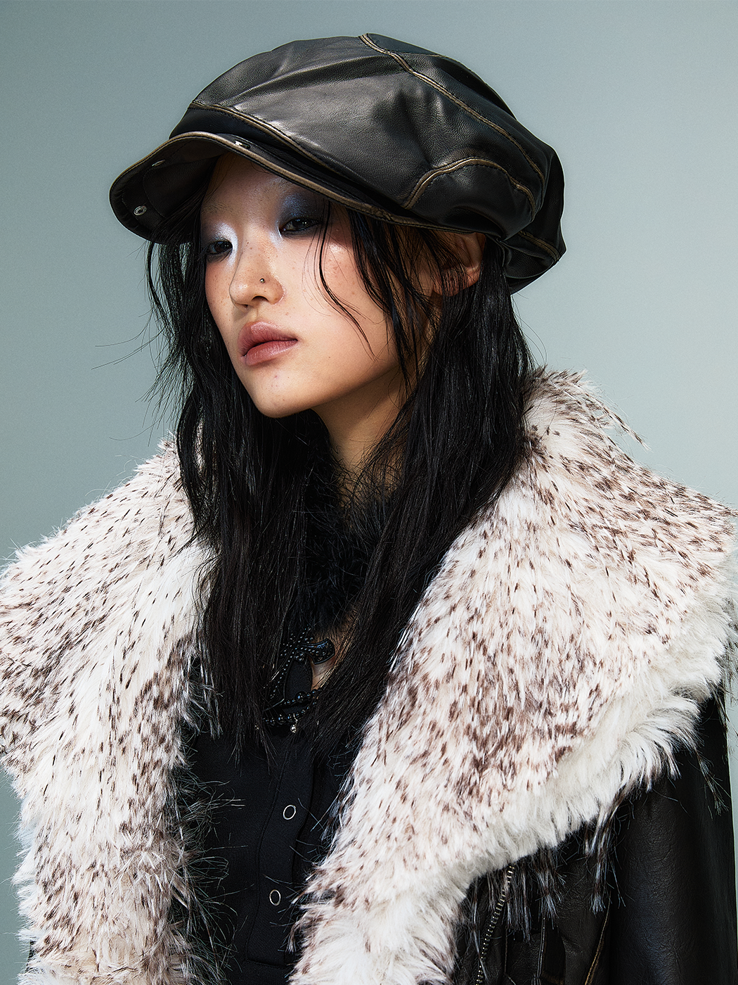 Studded Asymmetrical Washed PU Leather Beret