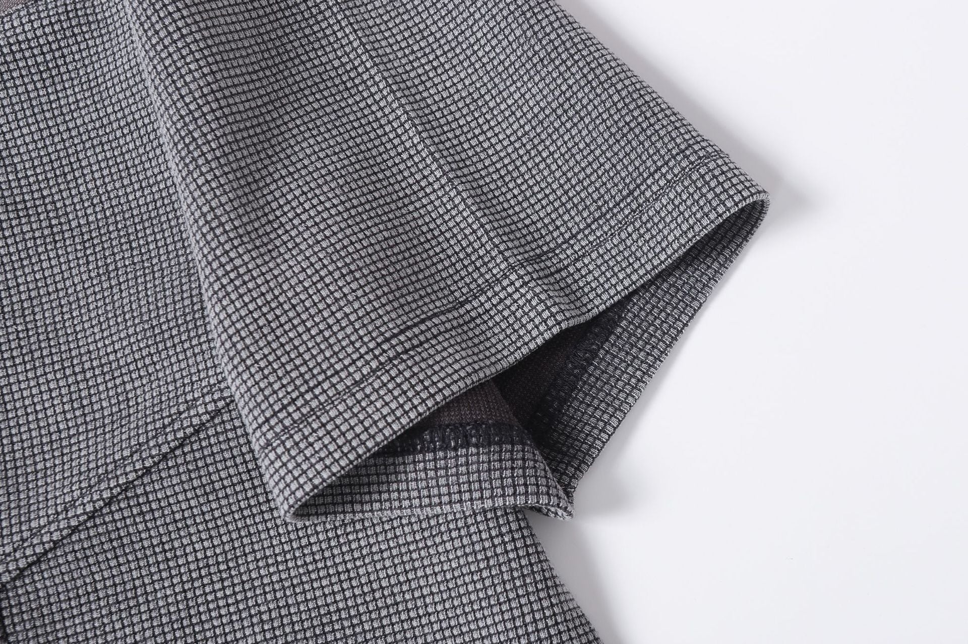 Half-Open Collar Check Wash Damage Short Sleeve T-Shirt