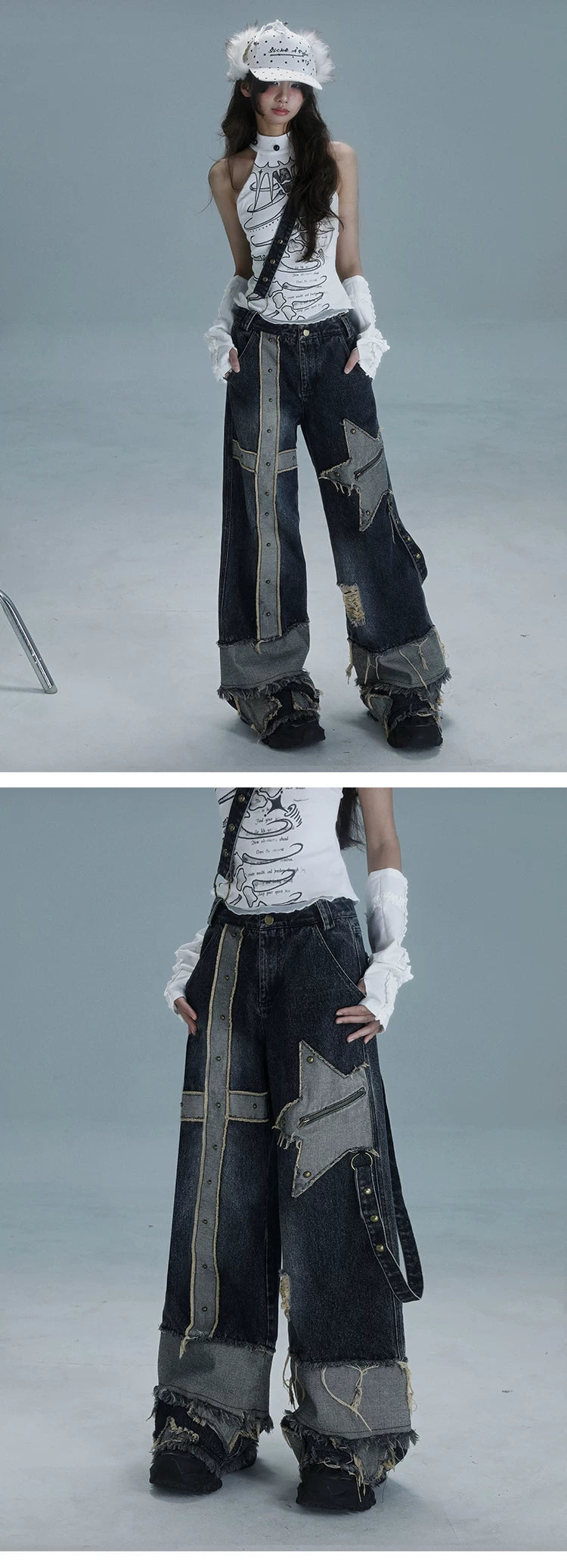 Low Waist Wide Leg Washed Stud Denim Jeans