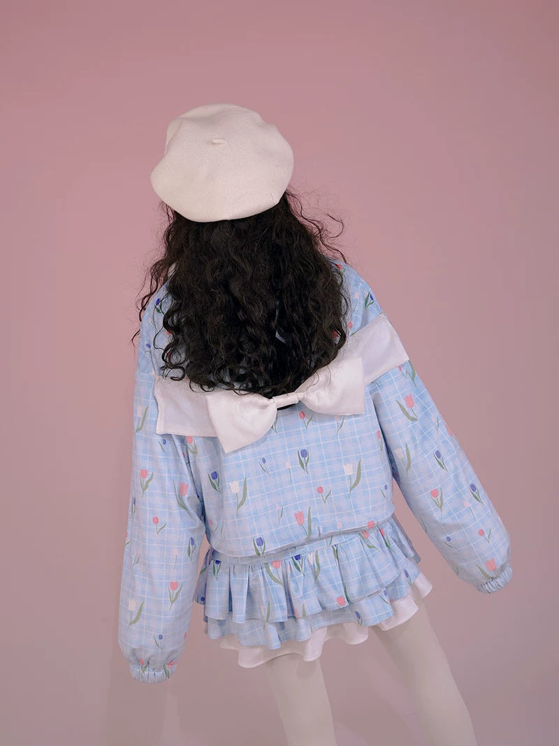 Flower Print Bow Fleece Lining Puffer Jacket
