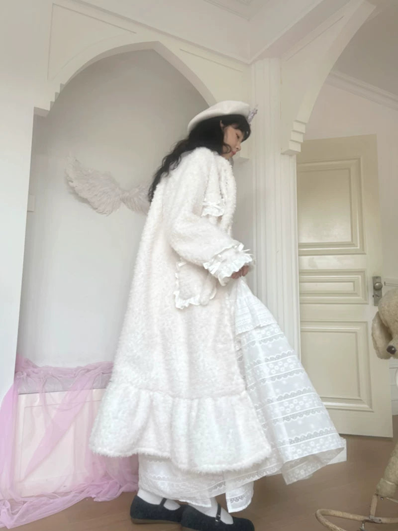 Plush Bow Ruffle Long Coat