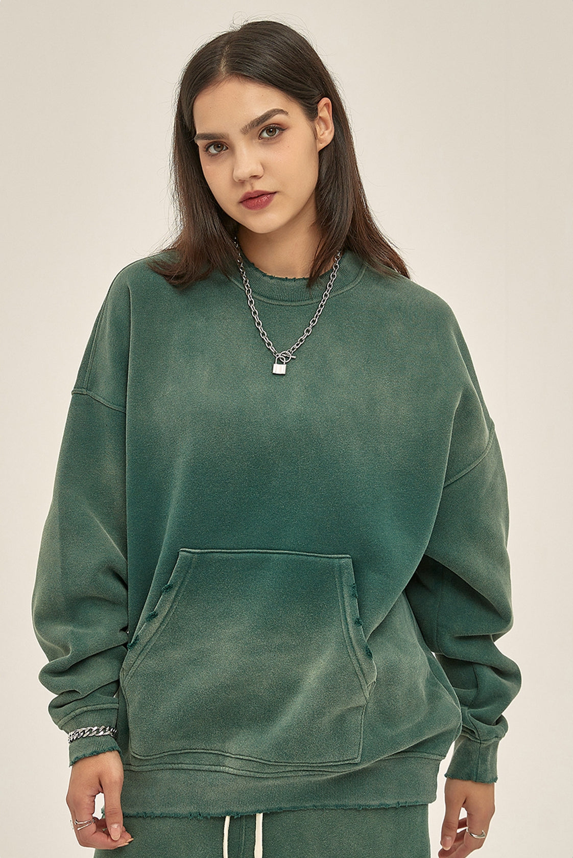 Fleece Lining Spray-dye Damage Oversize Sweatshirt