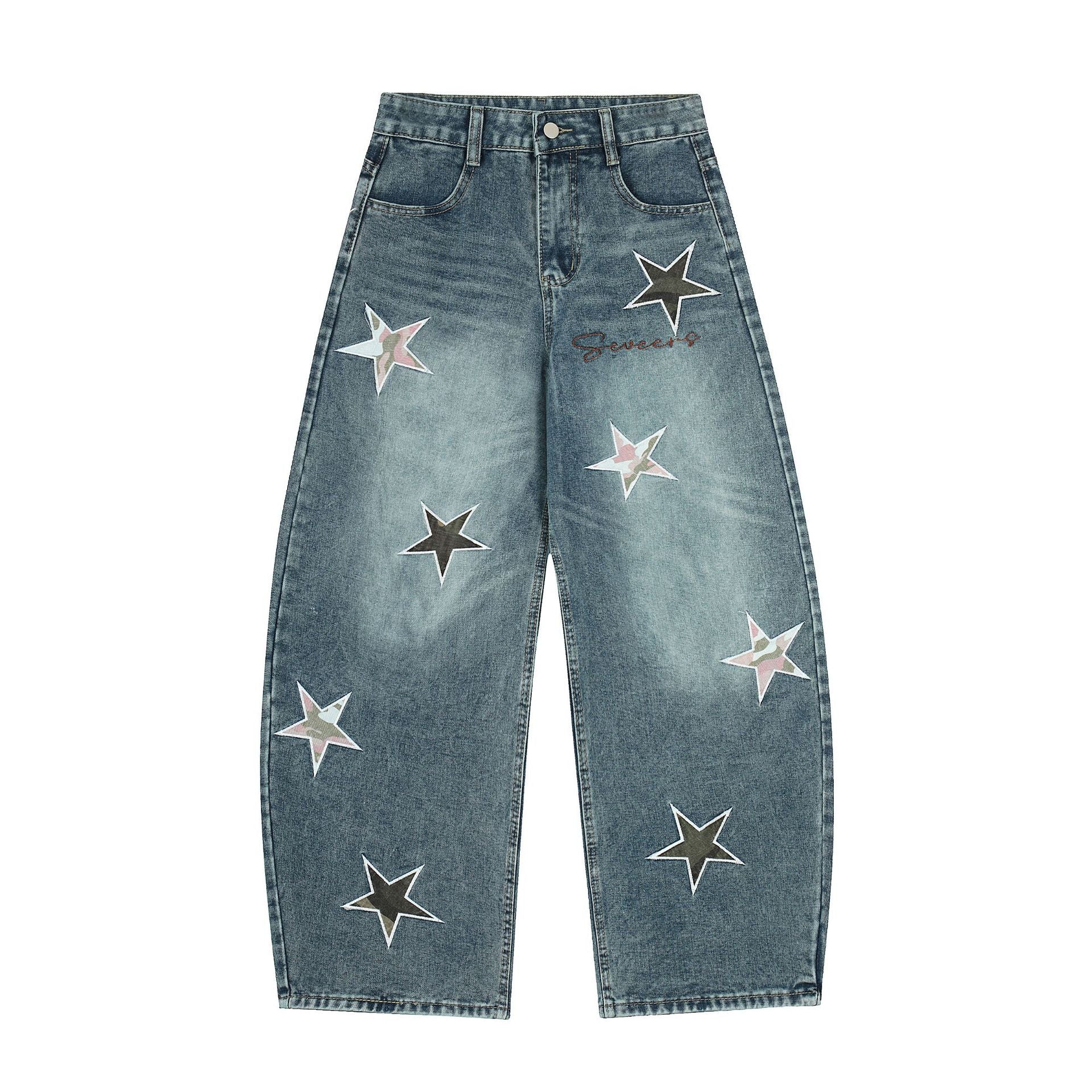 Washed Star Applique Wide Leg Denim Jeans