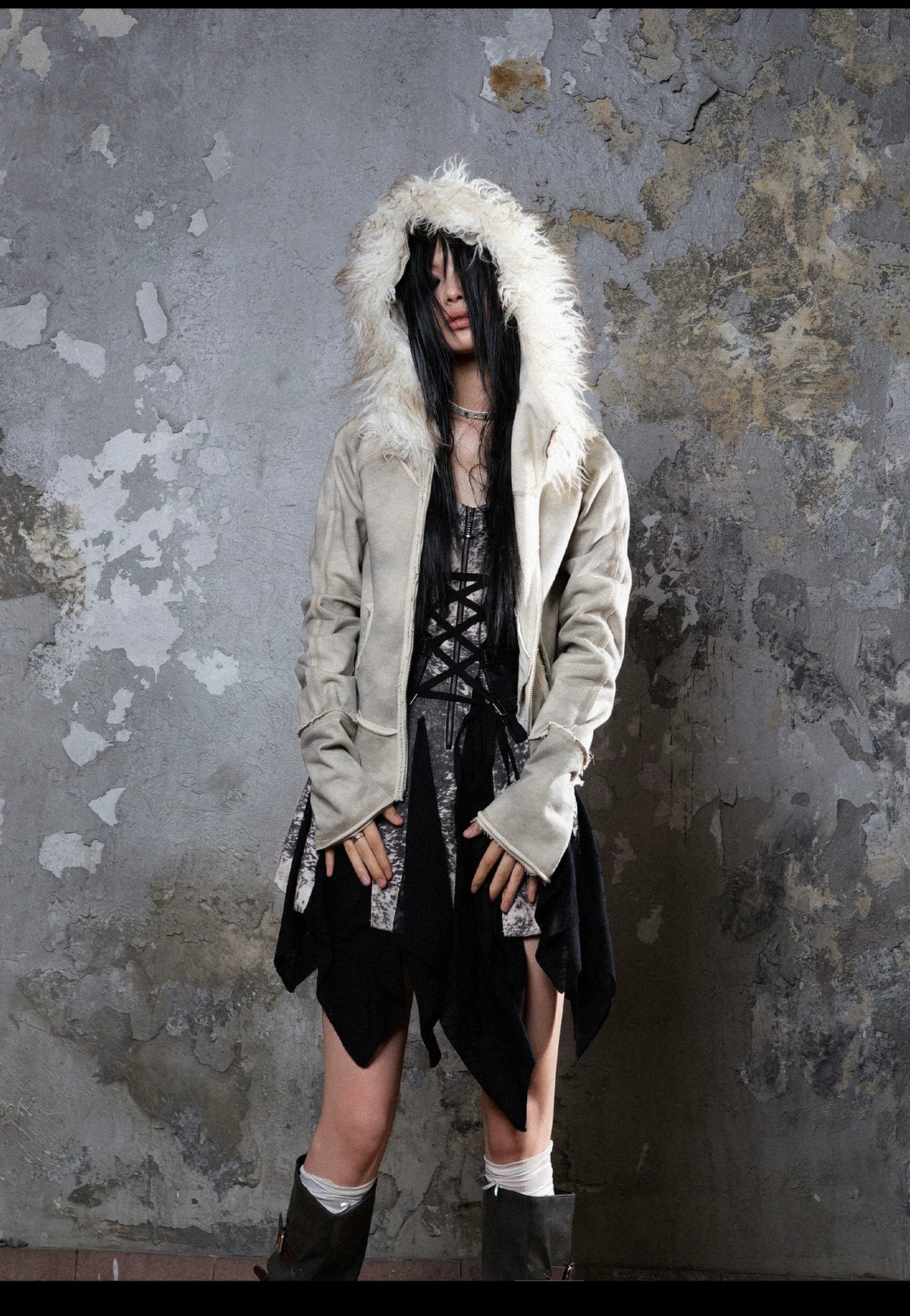 Fake Fur Collar Distressed Short Jacket