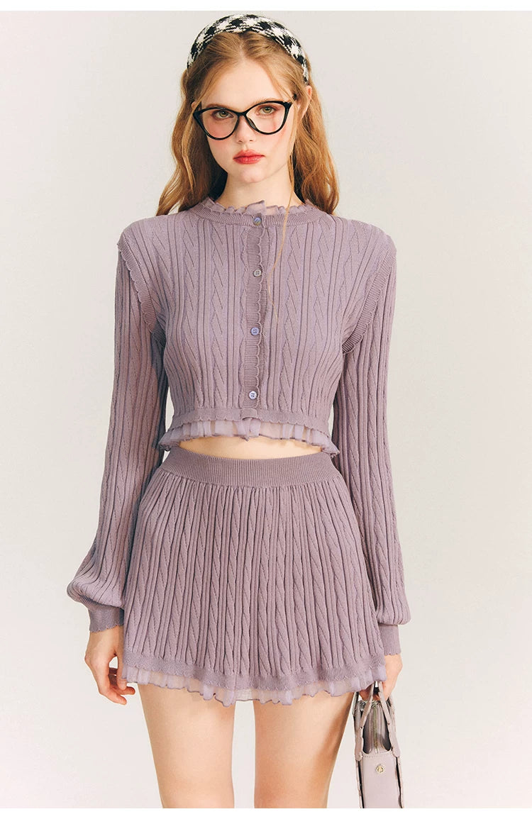 Tulip Button Knit Cardigan & Knit Short Skirt Setup