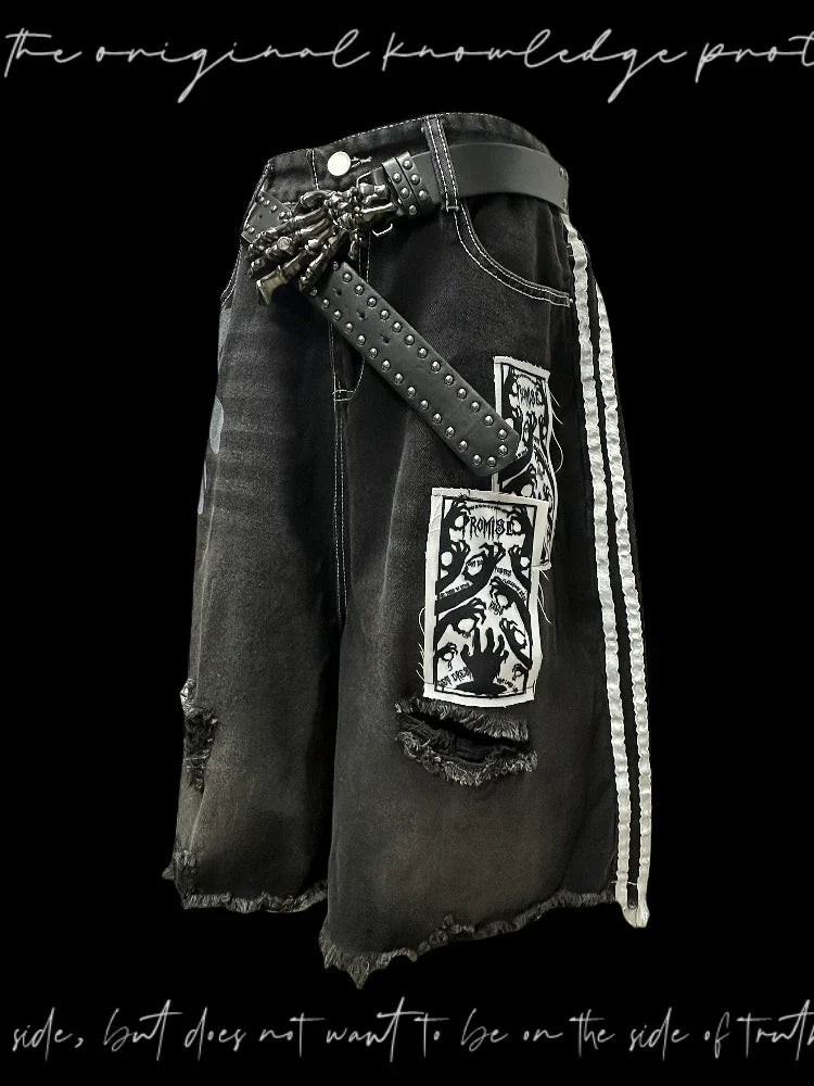 Side Stripe Damage Patch Wide Leg Half Denim Jeans & Skull Belt