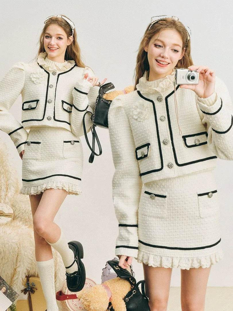 Bubble Sleeve Button Up Jacket & Lace Short Skirt Setup