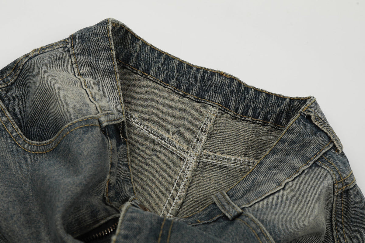 Washed Whisker Cross Studs Wide Leg Denim Jeans