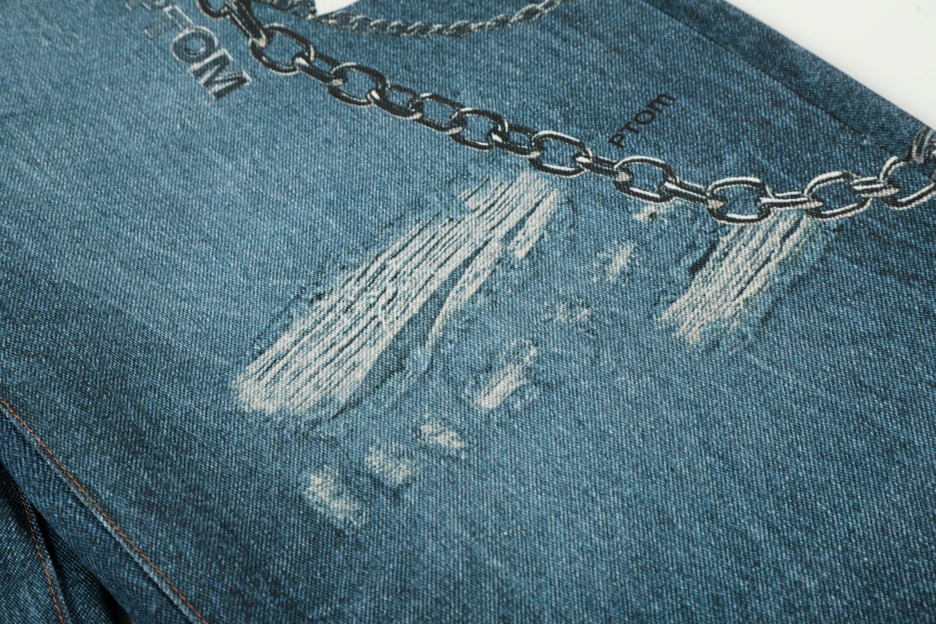 Washed 3D Print Curved Wide Leg Denim Jeans