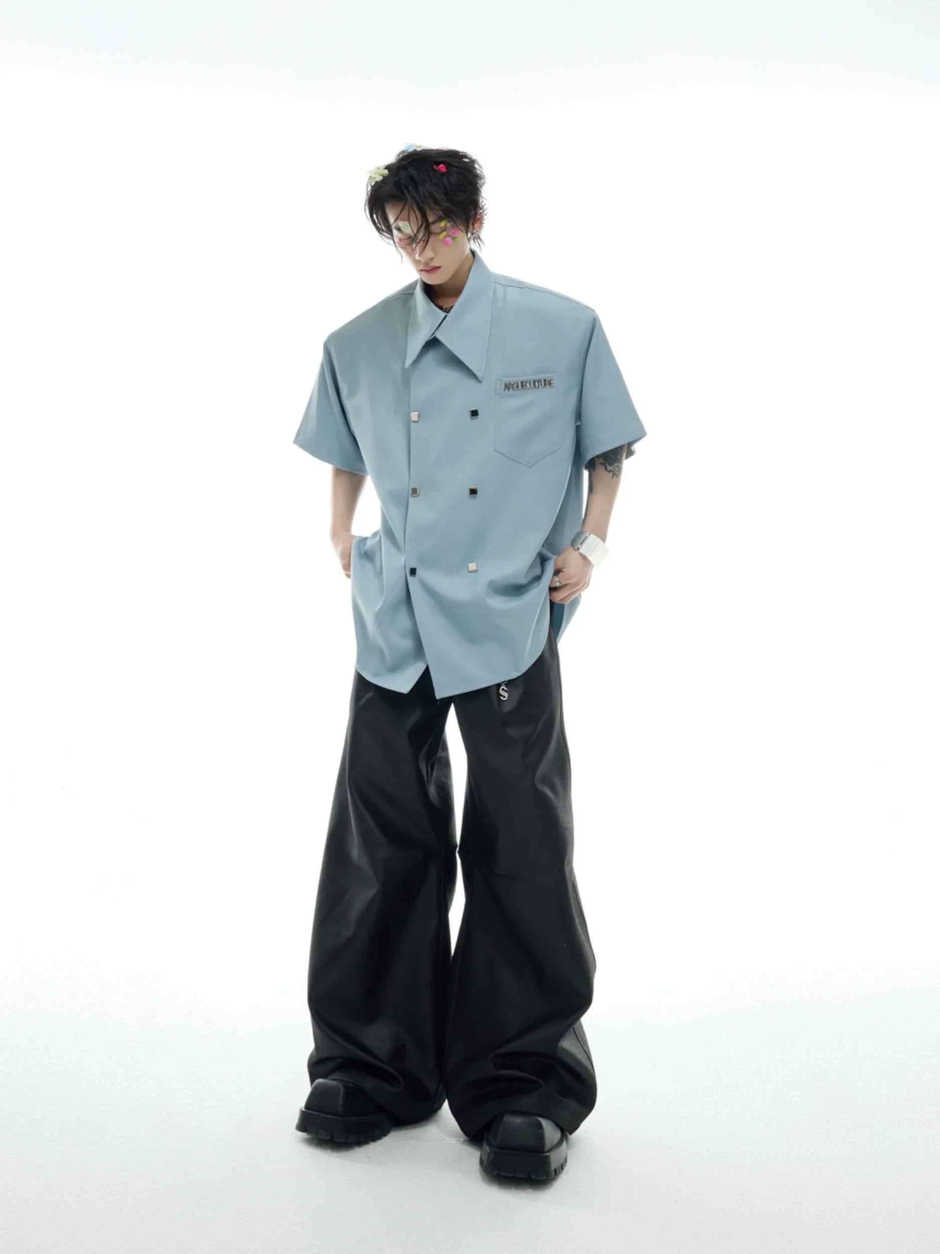 Double-Breasted Design Oversize Short Sleeve Shirt