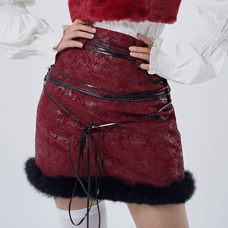 Fur Patchwork Tie-Strap PU Leather Skirt