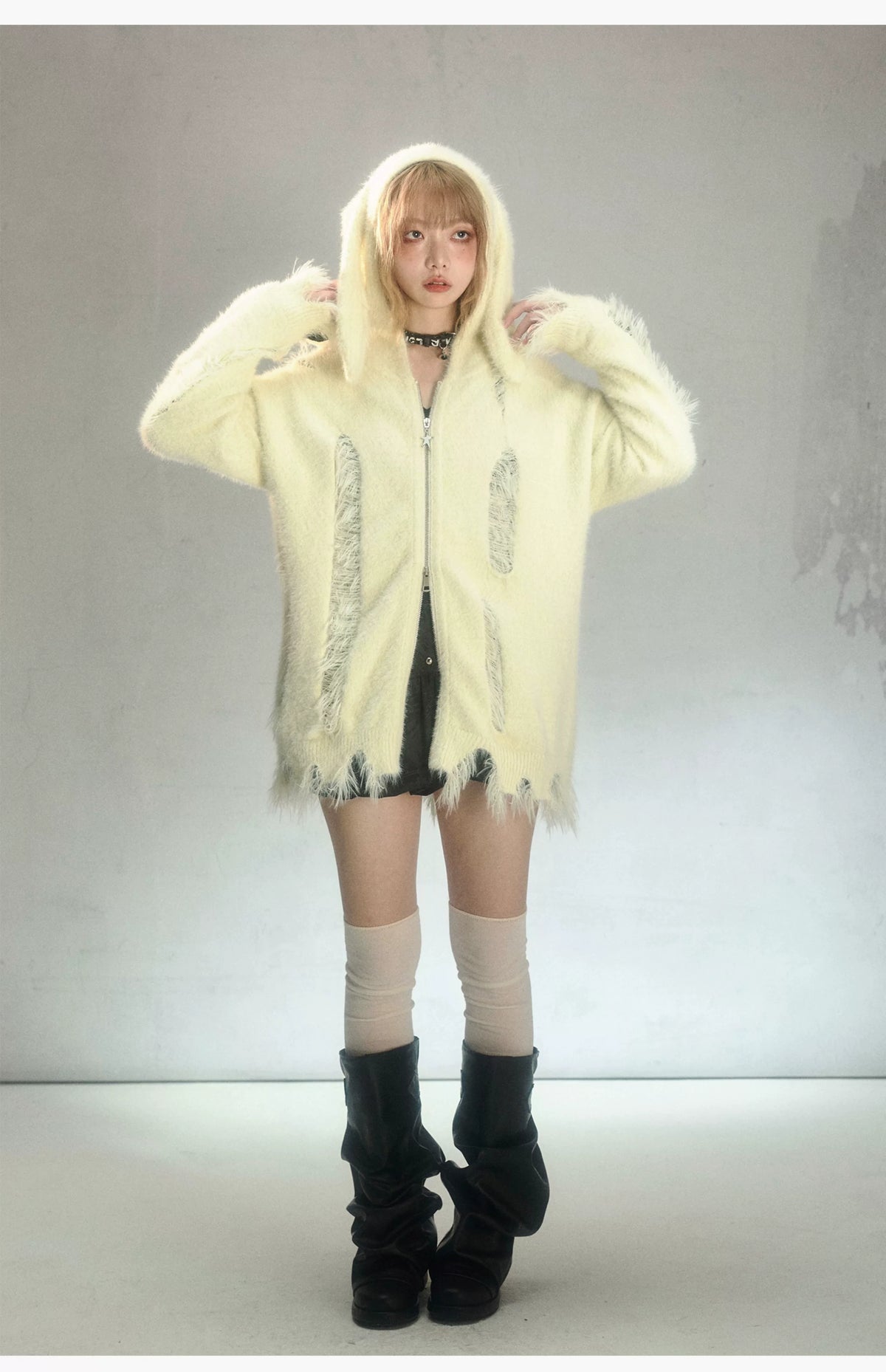 Rabbit Ear Zipper Knit Hoodie