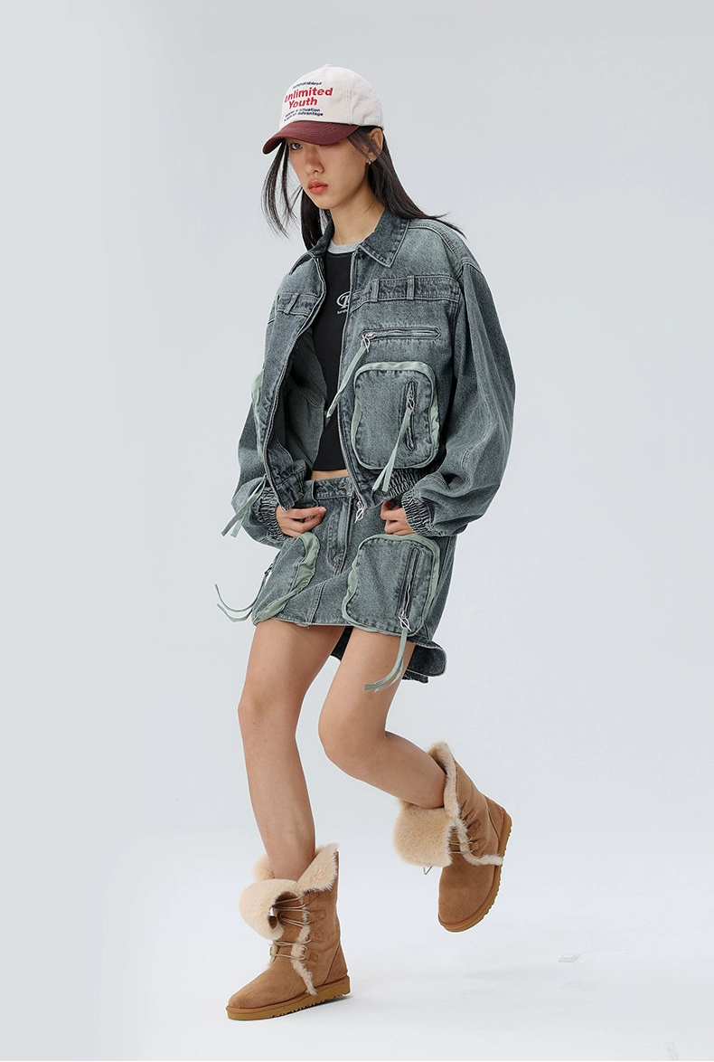 Deconstructed cargo denim jacket