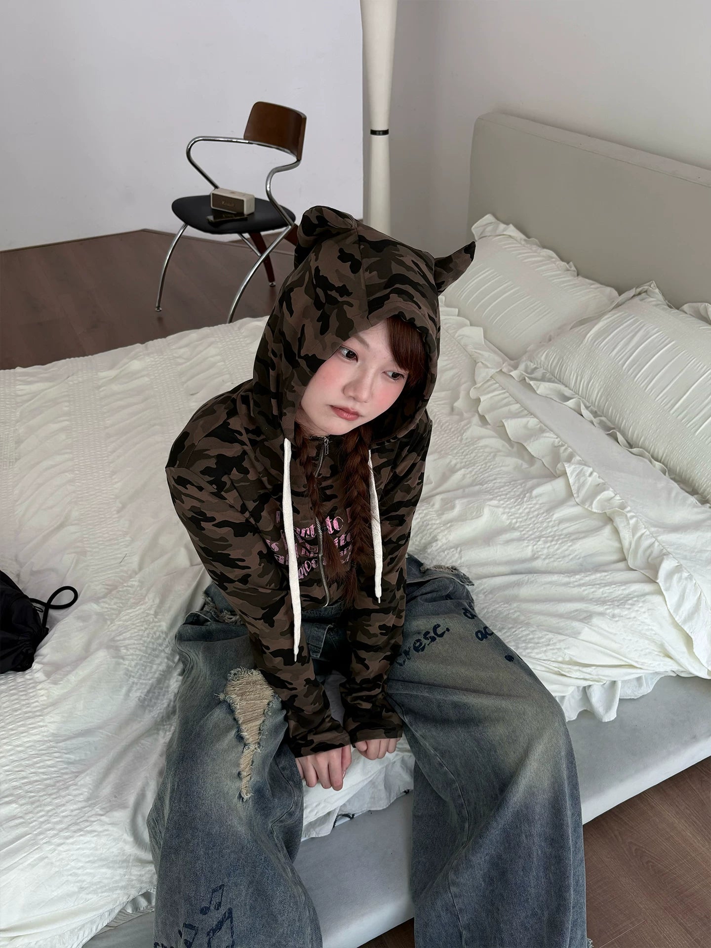 Devil Horn Hooded Print Zipper Hoodie
