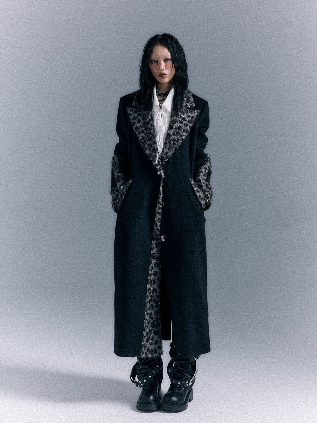 Shoulder Pad Leopard Print Patchwork Wool Coat