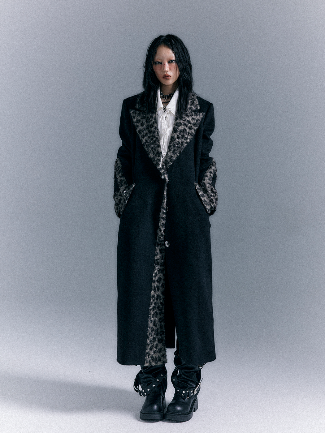 Shoulder Pad Leopard Print Patchwork Wool Coat