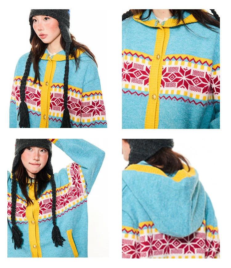 Contrast Pattern Hooded Knit Cardigan