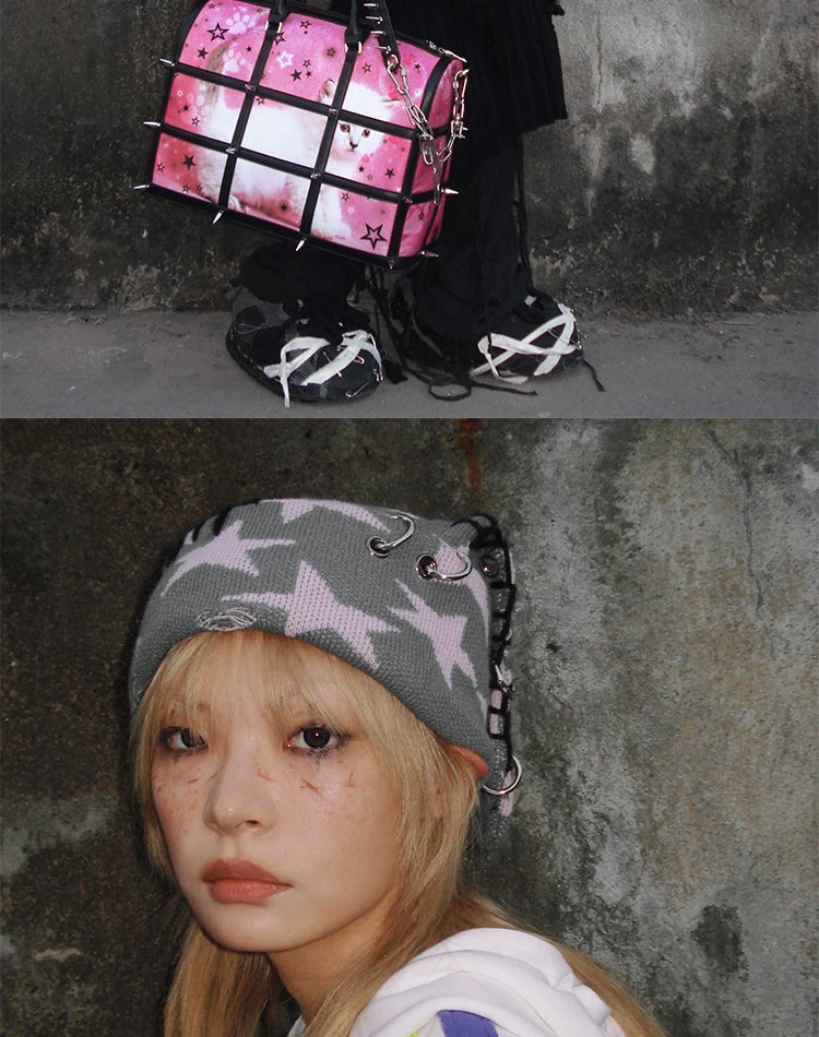 Star Print Rabbit Ear Knit Hat