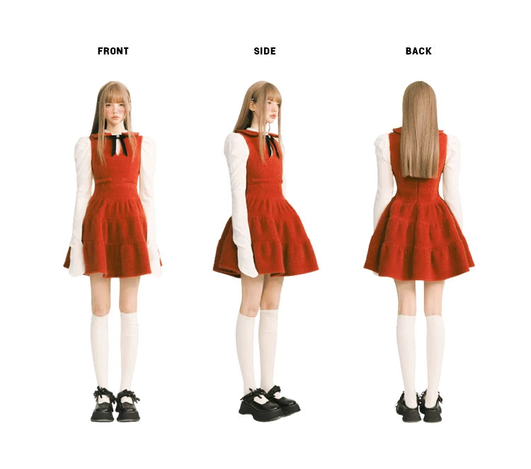Bow Velvet Ruffle Short Length Dress