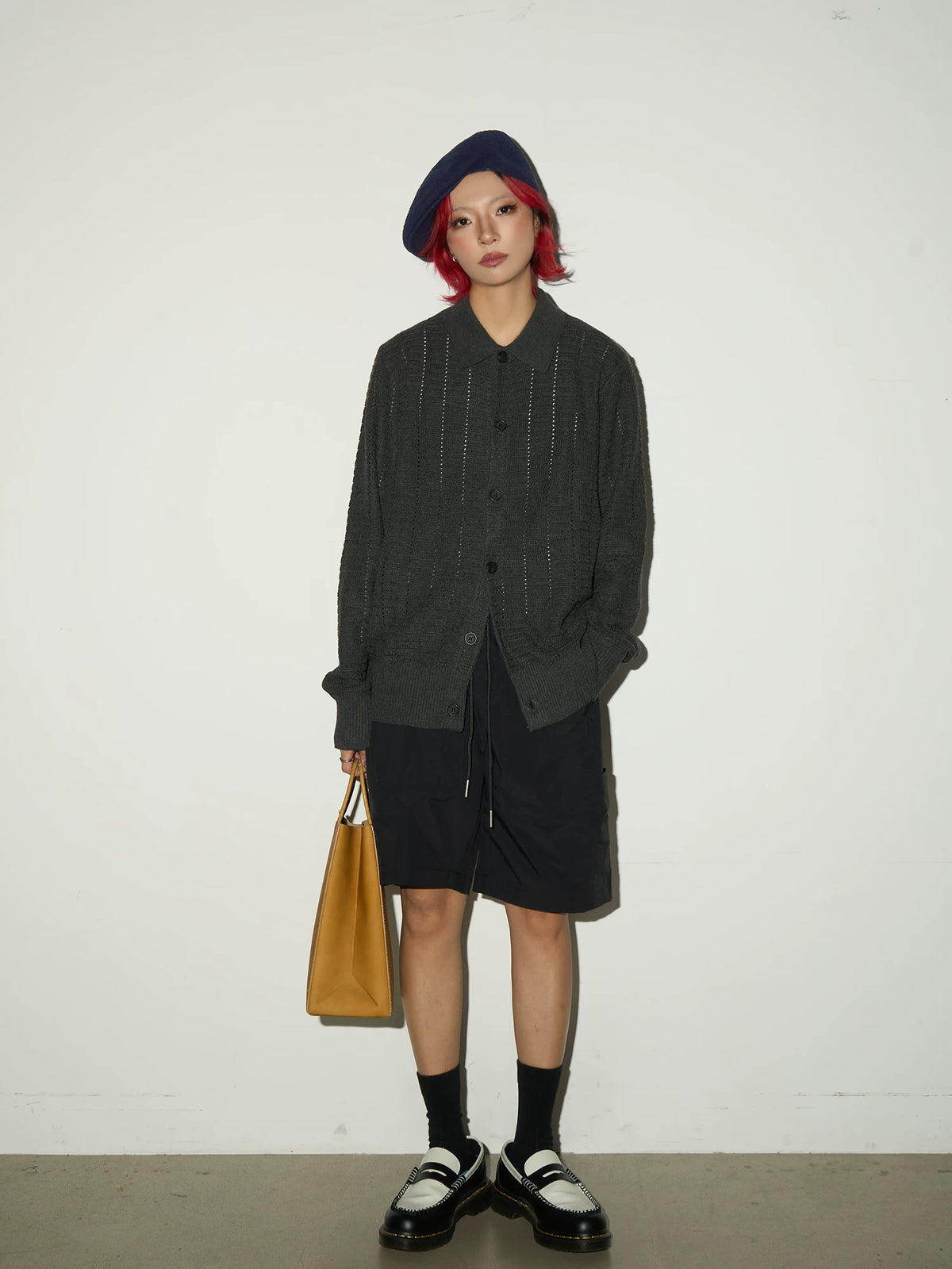 Hollow Textured Lapel Knit Cardigan