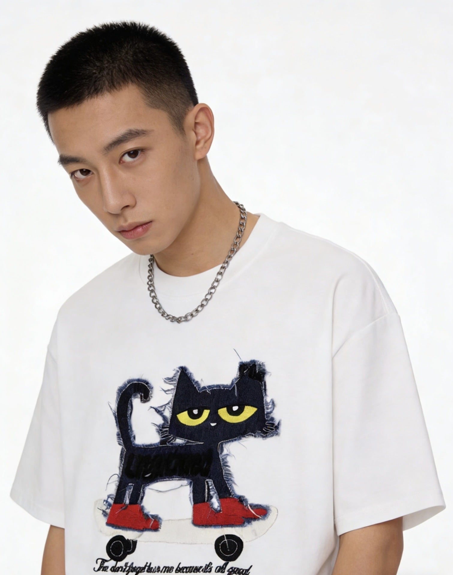 Cat Applique Embroidery Short Sleeve T-Shirt