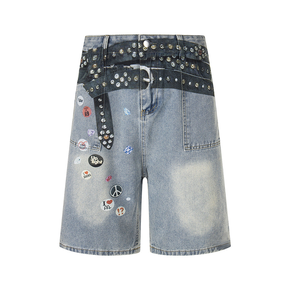 Badge Belt Print Wide Leg Half Denim Jeans