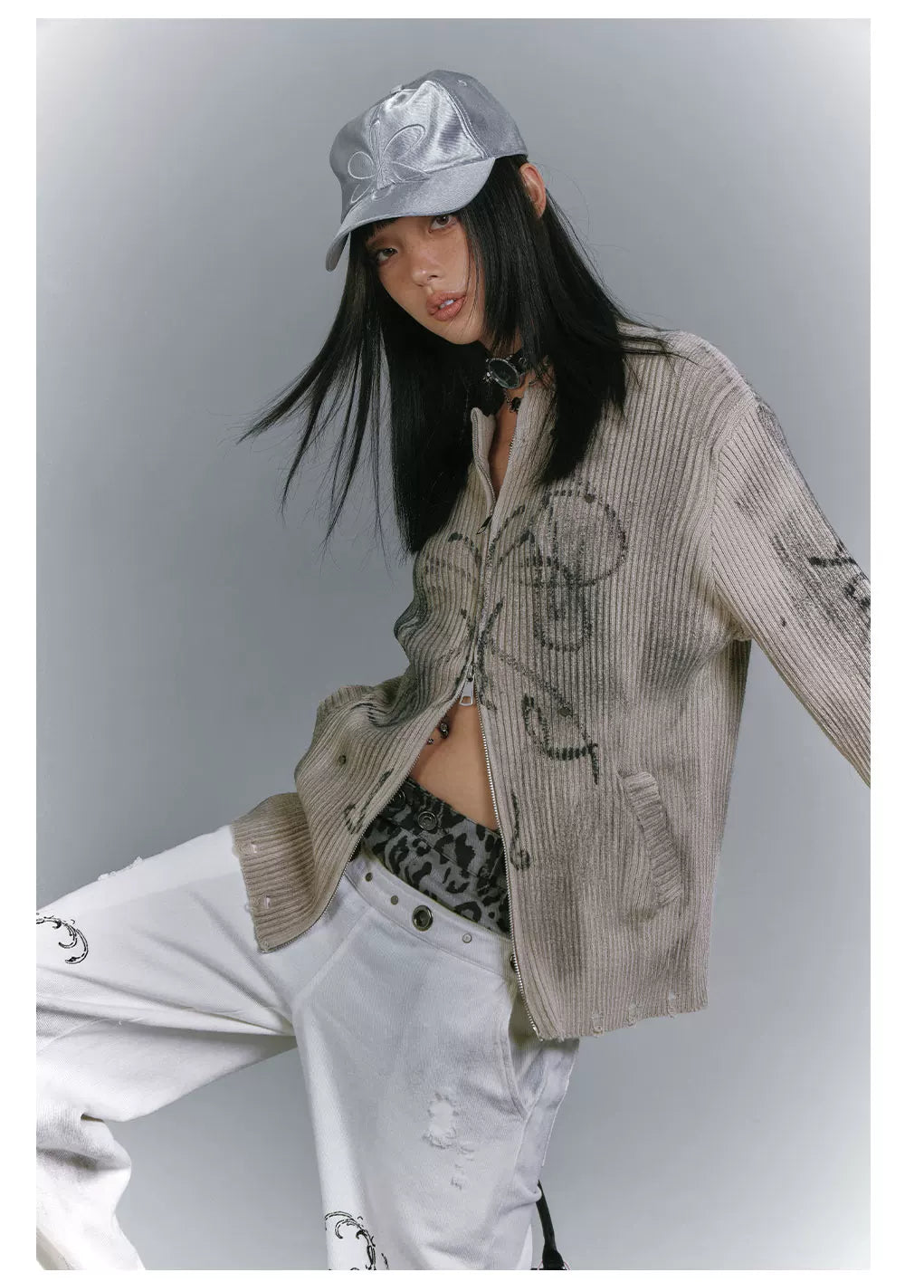 Washed Damage Graffiti Design Oversize Knit Cardigan